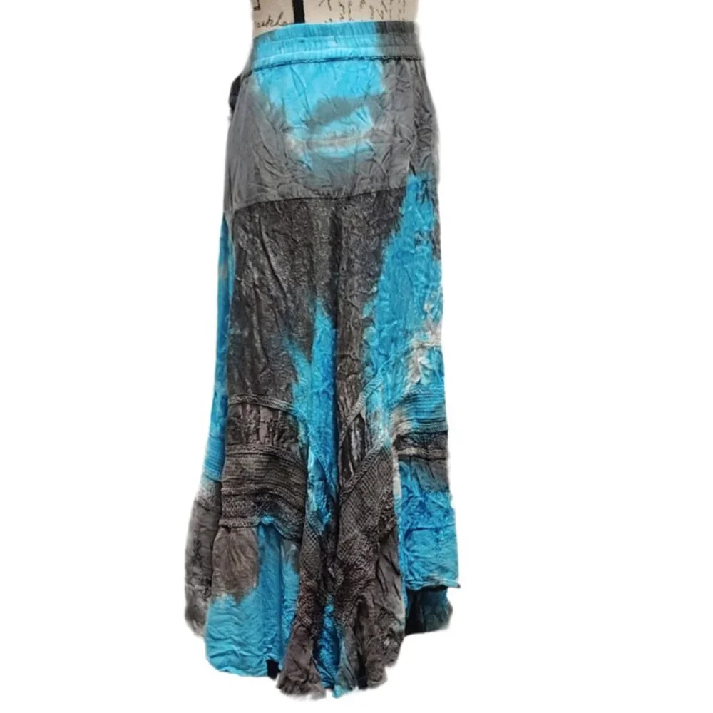 Boho‎ Tie Dye Midi Skirt Large Asymmetrical Blue Gray Hippie Flowy